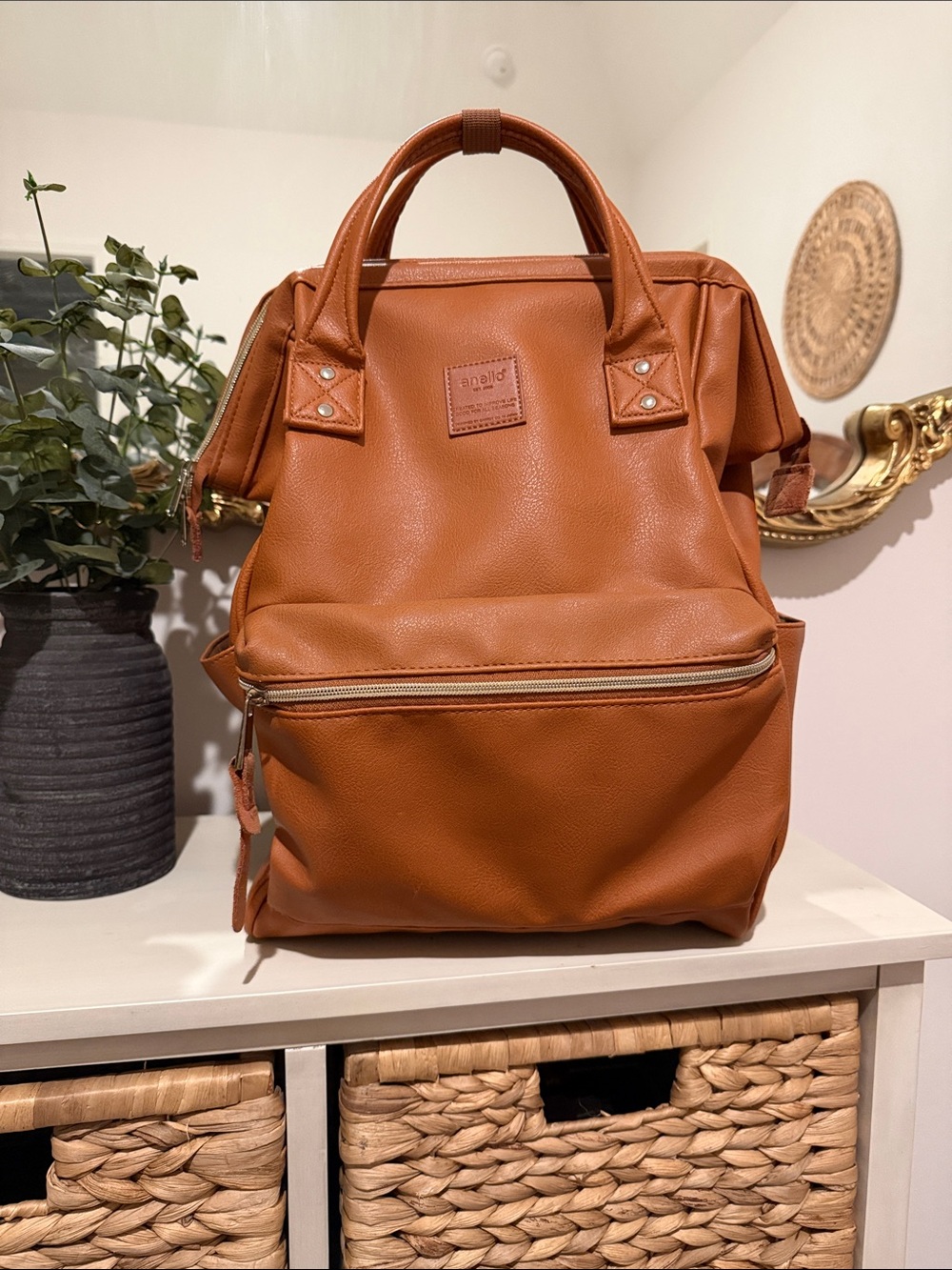 Anello Tan Faux Leather Structured Backpack